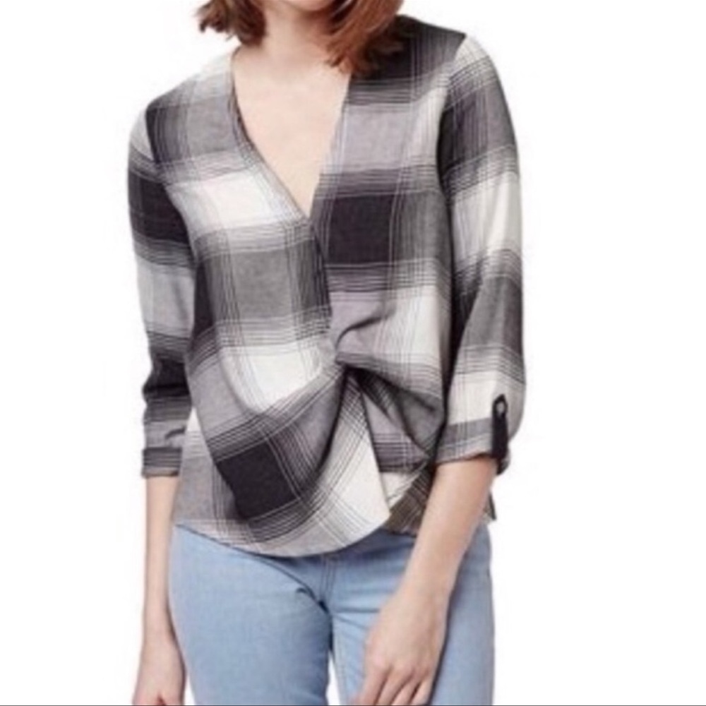Topshop Plaid Twist Front Top Black White Sz 6